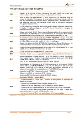 Note d’information

IV.1 HISTORIQUE DE STROC INDUSTRIE

                  Création de la Société STROC Industrie par Mr Nabil ZIATT. La société était
1989
                  initialement spécialisée dans la maintenance d’unités industrielles.
                  Dans un souci de développement, STROC INDUSTRIE se spécialise dans les
                  travaux de réalisation d’ouvrages et de construction industrielles. A ce titre, elle se
1993              dote d’un atelier de production dans la zone industrielle SAHEL à Had Soualem, sur
                  une superficie d’environ trois hectares, conçu pour la fabrication spécialisée
                  d’équipements chaudronnés.
                  STROC INDUSTRIE diversifie ses activités en y intégrant l’ingénierie d’exécution,
1995              les études et le génie civil pouvant ainsi offrir des services clés en main pour les
                  industries de procédés.
                  Création de la filiale REBEL (Remorques de Bennes du Littoral) qui a pour activités
1996              la conception, la fabrication et la commercialisation de remorques et de citernes
                  destinées au transport routier de fluides et de matières pondéreuses en vrac.
                  Pour améliorer sa capacité de production, STROC INDUSTRIE s’équipe d’une unité
                  automatique pour la fabrication de charpente métallique d’une capacité mensuelle
2002              de 300 à 500 tonnes pour des profilés de 1 200 mm de largeur.
                  Création de la seconde filiale STROC SUD (actuellement Genius Construction) en
                  vue de répondre aux besoins de la clientèle établie dans les provinces du SUD.
                  Introduction de MOUSSAHAMA dans l’actionnariat de STROC à hauteur de 20% du
2003
                  capital ; en vue d’institutionnaliser le tour de table
2004              STROC Industrie est certifiée ISO 9001 Version 2000.
2005              Installation dans le nouveau siège administratif dans le quartier Oasis à Casablanca.
                  Scission de l’activité « bureau d’études » de STROC INDUSTRIE suite à la création
                  d’une société dédiée à l’activité dénommée Professional Engineering (PRO-ENG)
2008              par MM. Nabil ZIATT et Ahmed EL GHANNAMI.
                  Sortie de MOUSSAHAMA du tour de table de STROC Industrie.
                  Restructuration de l’actionnariat de STROC Industrie par la remontée de 150 000
                  actions cédées par i) M. Nabil ZIATT à hauteur de 139 490 actions, ii) le reste de la
                  famille à hauteur de 10 500 titres et iii) les divers actionnaires à hauteur de 10
                  actions dans un holding de contrôle dénommé AL ISTIMRAR Holding.
2009              Acquisition par STROC Industrie de la société PRO-ENG.
                  Création d’une filiale en Mauritanie, MTC Industrie.
                  Cession de GENIUS Construction à AL ISTIMRAR Holding.
                  Certification ISO 9001 – Version 2008.
                  - Certification OHSAS 18001 : 2007 « Système de management de la santé et de
                  la sécurité au travail ».
                  - Obtention du label CGEM Responsabilité Sociale (RSE).
                  - Cession de ATRAL (Ex REBEL) à la société AL ISTIMRAR Holding.
2010
                  - Création de GETC Industrie filiale de STROC Industrie en Guinée Equatoriale.
                  - Achat d’un terrain de 4ha dans la zone industrielle MEDZ à JORF LASFAR pour
                  la construction d’une nouvelle unité de chaudronnerie.
                  - Achat d’un terrain à l’Oasis pour la construction d’un nouveau siège.
‘unitSource : STROC Industrie




Introduction en bourse par Augmentation de capital                                              - 96 -
 