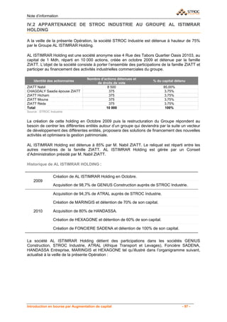 Note d’information

IV.2 APPARTENANCE DE STROC INDUSTRIE AU GROUPE AL ISTIMRAR
HOLDING

A la veille de la présente Opération, la société STROC Industrie est détenue à hauteur de 75%
par le Groupe AL ISTIMRAR Holding.

AL ISTIMRAR Holding est une société anonyme sise 4 Rue des Tabors Quartier Oasis 20103, au
capital de 1 Mdh, réparti en 10 000 actions, créée en octobre 2009 et détenue par la famille
ZIATT. L’objet de la société consiste à porter l’ensemble des participations de la famille ZIATT et
participer au financement des activités industrielles commerciales du groupe.

                                   Nombre d’actions détenues et
    Identité des actionnaires                                           % du capital détenu
                                        de droits de vote
ZIATT Nabil                                   8 500                           85,00%
CHAGDALY Saadia épouse ZIATT                   375                             3,75%
ZIATT Hicham                                   375                             3,75%
ZIATT Mouna                                    375                             3,75%
ZIATT Réda                                     375                             3,75%
Total                                        10 000                            100%
Source : STROC Industrie


La création de cette holding en Octobre 2009 puis la restructuration du Groupe répondent au
besoin de centrer les différentes entités autour d’un groupe qui deviendra par la suite un vecteur
de développement des différentes entités, proposera des solutions de financement des nouvelles
activités et optimisera la gestion patrimoniale.

AL ISTIMRAR Holding est détenue à 85% par M. Nabil ZIATT. Le reliquat est réparti entre les
autres membres de la famille ZIATT. AL ISTIMRAR Holding est gérée par un Conseil
d’Administration présidé par M. Nabil ZIATT.

Historique de AL ISTIMRAR HOLDING :


                 Création de AL ISTIMRAR Holding en Octobre.
    2009
                 Acquisition de 98,7% de GENIUS Construction auprès de STROC Industrie.

                 Acquisition de 94,3% de ATRAL auprès de STROC Industrie.

                 Création de MARINGIS et détention de 70% de son capital.

    2010         Acquisition de 80% de HANDASSA.

                 Création de HEXAGONE et détention de 60% de son capital.

                 Création de FONCIERE SADENA et détention de 100% de son capital.


La société AL ISTIMRAR Holding détient des participations dans les sociétés GENIUS
Construction, STROC Industrie, ATRAL (Afrique Transport et Levages), Foncière SADENA,
HANDASSA Entreprise, MARINGIS et HEXAGONE tel qu’illustré dans l’organigramme suivant,
actualisé à la veille de la présente Opération :




Introduction en bourse par Augmentation de capital                                       - 97 -
 