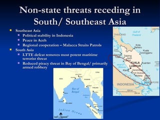 Non-state threats receding in
        South/ Southeast Asia
   Southeast Asia
      Political stability in Indonesia
   ...