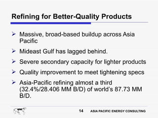 Refining for Better-Quality Products

 Massive, broad-based buildup across Asia
  Pacific
 Mideast Gulf has lagged behind.
 Severe secondary capacity for lighter products
 Quality improvement to meet tightening specs
 Asia-Pacific refining almost a third
  (32.4%/28.406 MM B/D) of world’s 87.73 MM
  B/D.

                        14   ASIA PACIFIC ENERGY CONSULTING
 