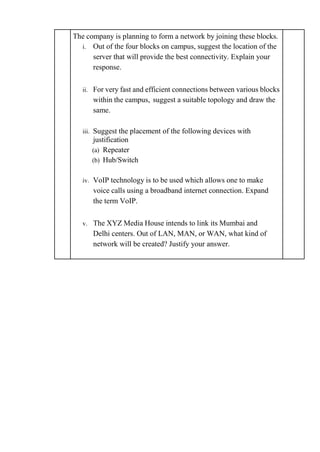 The company is planning to form a network by joining these blocks.
i. Out of the four blocks on campus, suggest the location of the
server that will provide the best connectivity. Explain your
response.
ii. For very fast and efficient connections between various blocks
within the campus, suggest a suitable topology and draw the
same.
iii. Suggest the placement of the following devices with
justification
(a) Repeater
(b) Hub/Switch
iv. VoIP technology is to be used which allows one to make
voice calls using a broadband internet connection. Expand
the term VoIP.
v. The XYZ Media House intends to link its Mumbai and
Delhi centers. Out of LAN, MAN, or WAN, what kind of
network will be created? Justify your answer.
 