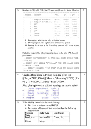 26. Based on the SQL table CAR_SALES, write suitable queries for the following:
+ + + + + +
| NUMBER | SEGMENT | FUEL | QT1 | QT2 |
+ + + + + +
| 1 | Compact HatchBack | Petrol | 56000 | 70000 |
| 2 | Compact HatchBack | Diesel | 34000 | 40000 |
| 3 | MUV | Petrol | 33000 | 35000 |
| 4 | MUV | Diesel | 14000 | 15000 |
| 5 | SUV | Petrol | 27000 | 54000 |
| 6 | SUV | Diesel | 18000 | 30000 |
| 7 | Sedan | Petrol | 8000 | 10000 |
| 8 | Sedan | Diesel | 1000 | 5000 |
+ + + + + +
i. Display fuel wise average sales in the first quarter.
ii. Display segment wise highest sales in the second quarter.
iii. Display the records in the descending order of sales in the second
quarter.
OR
Predict the output of the following queries based on the table CAR_SALES
given above:
i. SELECT LEFT(SEGMENT,2) FROM CAR_SALES WHERE FUEL=
"PETROL";
ii.SELECT (QT2-QT1)/2 "AVG SALE" FROM CAR_SALES WHERE
SEGMENT= "SUV";
iii. SELECT SUM(QT1) "TOT SALE" FROM CAR_SALES WHERE
FUEL= "DIESEL";
3
27. Create a DataFrame in Python from the given list:
[[‘Divya’,’HR’,95000],[‘Mamta’,’Marketing’,97000],[‘Pa
yal’,’IT’,980000],[‘Deepak’,’Sales’,79000]]
Also give appropriate column headings as shown below:
3
28. Write MySQL statements for the following:
i. To create a database named FOOD.
ii. To create a table named Nutrients based on the following
specification:
3
CoLumn
Name
Data Type Constraints
Food_Item Varchar(20) Primary Key
Calorie Integer
 