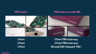 PRI Card's PRI Gateway and SBC
1 Port
2 Port
4 Port
1 Port PRI Gateway
2 Port PRI Gateway
60 and 120 Channel 'SBC'
*astTECS
 