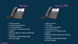 *ast 550
2 SIP Accounts.
1000 Phone Book Entry
3 way Conference.
100 entries in/out/Missed calls
33 Kyes
RFC2543/RFC3261/RFC3263 RFC2833
802.3af
FTP/TFTP HTTP/HTTPS/DHCP
CE, FCC, RoHS
*ast 550 POE
2 SIP Accounts.
With POE
1000 Phone Book Entry
3 way Conference.
100 entries in/out/Missed calls
33 Kyes
RFC2543/RFC3261/RFC3263 RFC2833
802.3af
FTP/TFTP HTTP/HTTPS/DHCP
CE, FCC, RoHS
*astTECS
 