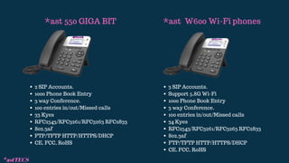 *ast 550 GIGA BIT
2 SIP Accounts.
1000 Phone Book Entry
3 way Conference.
100 entries in/out/Missed calls
33 Kyes
RFC2543/RFC3261/RFC3263 RFC2833
802.3af
FTP/TFTP HTTP/HTTPS/DHCP
CE, FCC, RoHS
*ast W600 Wi-Fi phones
3 SIP Accounts.
Support 5.8G Wi-Fi
1000 Phone Book Entry
3 way Conference.
100 entries in/out/Missed calls
34 Kyes
RFC2543/RFC3261/RFC3263 RFC2833
802.3af
FTP/TFTP HTTP/HTTPS/DHCP
CE, FCC, RoHS
*astTECS
 