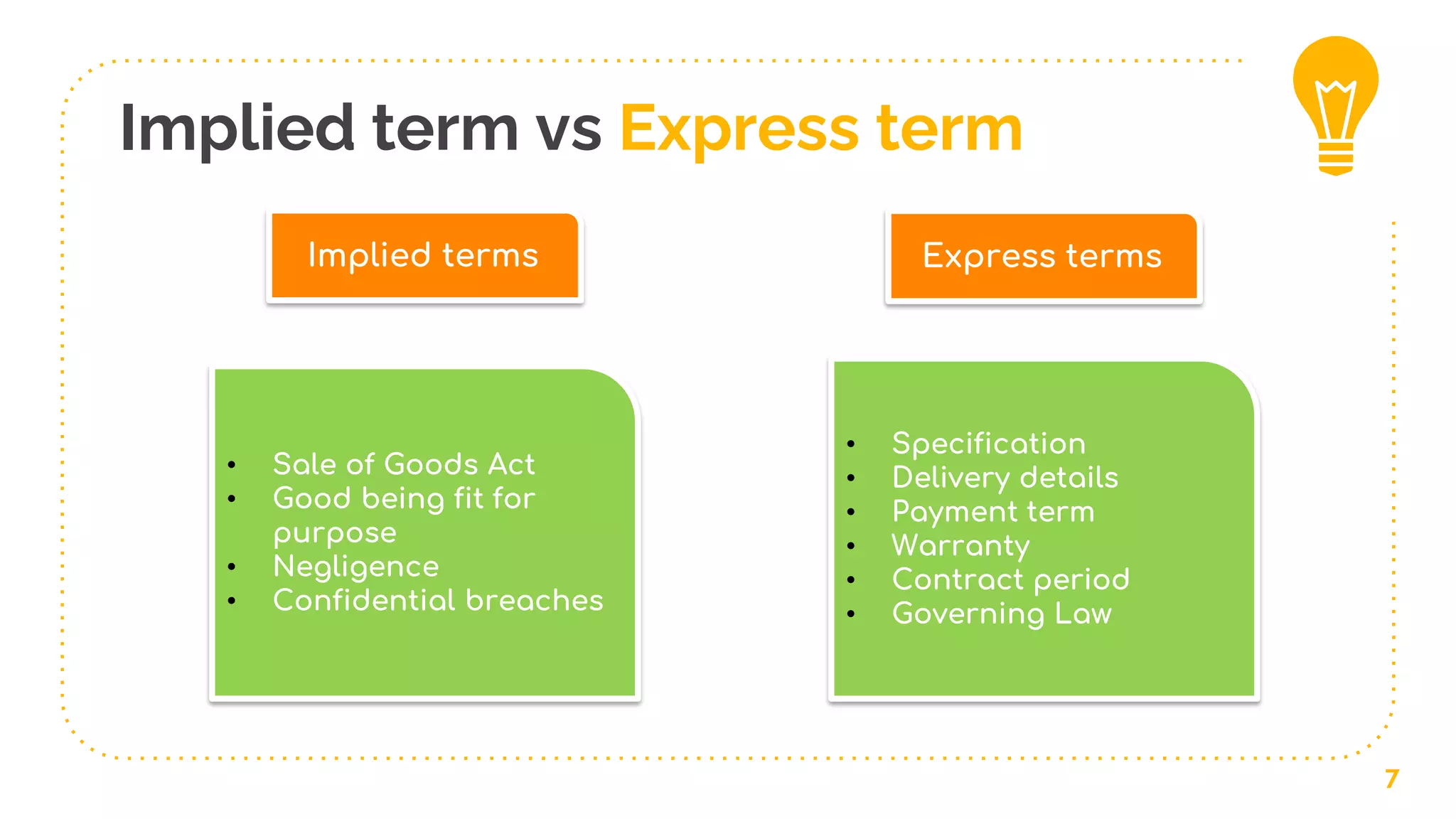 Implied term vs Express term
7
Implied terms Express terms
• Sale of Goods Act
• Good being fit for
purpose
• Negligence
• Confidential breaches
• Specification
• Delivery details
• Payment term
• Warranty
• Contract period
• Governing Law
 
