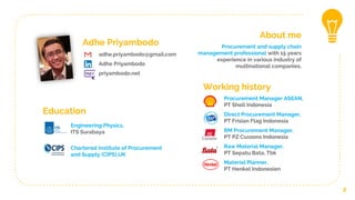 Adhe Priyambodo
Working history
Procurement Manager ASEAN,
PT Shell Indonesia
Direct Procurement Manager,
PT Frisian Flag Indonesia
RM Procurement Manager,
PT PZ Cussons Indonesia
Raw Material Manager,
PT Sepatu Bata, Tbk
Material Planner,
PT Henkel Indonesien
2
About me
Procurement and supply chain
management professional with 15 years
experience in various industry of
multinational companies.
Education
Engineering Physics,
ITS Surabaya
Chartered Institute of Procurement
and Supply (CIPS),UK
adhe.priyambodo@gmail.com
Adhe Priyambodo
priyambodo.net
 