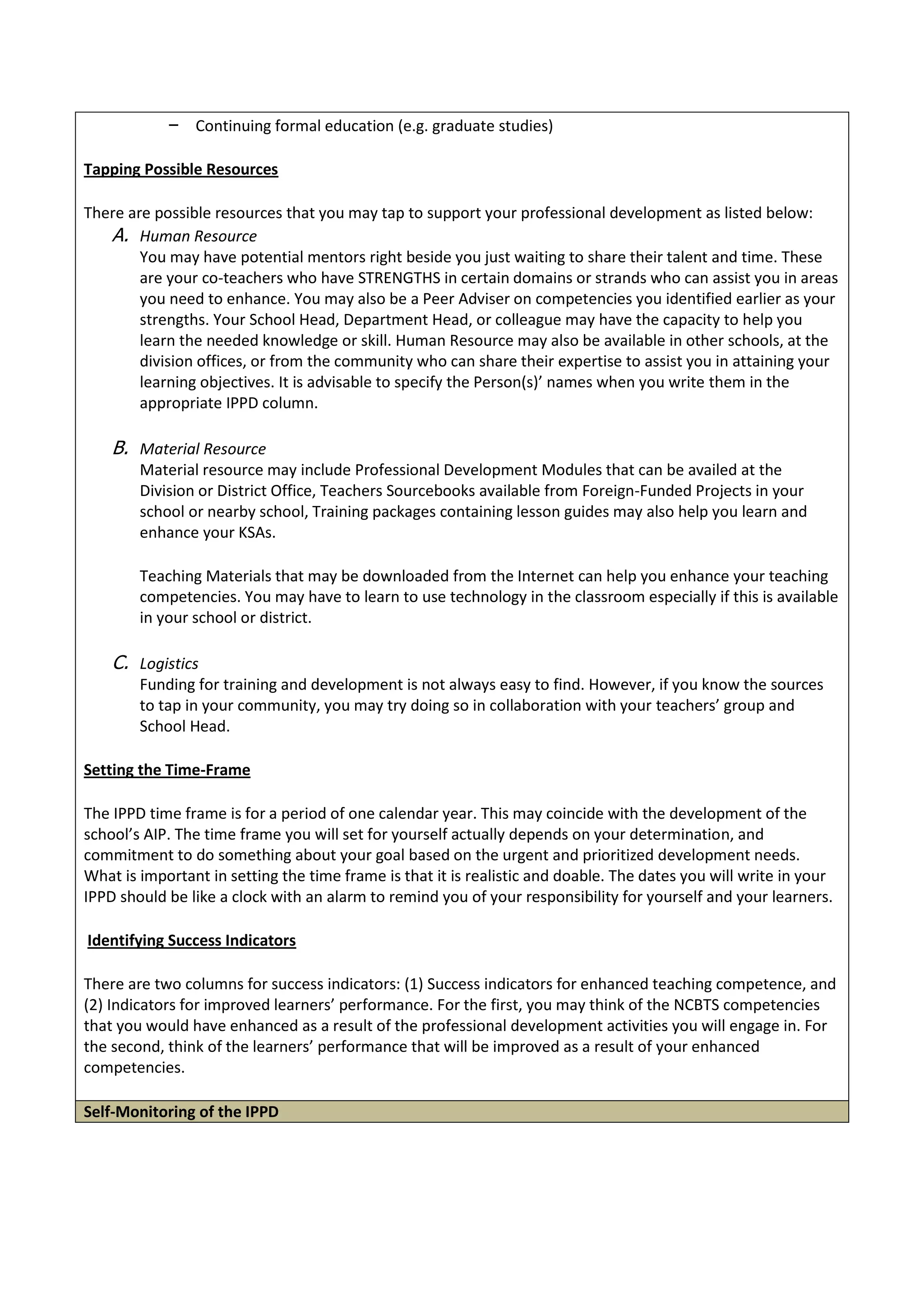 – Continuing formal education (e.g. graduate studies)
Tapping Possible Resources
There are possible resources that you may tap to support your professional development as listed below:
A. Human Resource
You may have potential mentors right beside you just waiting to share their talent and time. These
are your co-teachers who have STRENGTHS in certain domains or strands who can assist you in areas
you need to enhance. You may also be a Peer Adviser on competencies you identified earlier as your
strengths. Your School Head, Department Head, or colleague may have the capacity to help you
learn the needed knowledge or skill. Human Resource may also be available in other schools, at the
division offices, or from the community who can share their expertise to assist you in attaining your
learning objectives. It is advisable to specify the Person(s)’ names when you write them in the
appropriate IPPD column.
B. Material Resource
Material resource may include Professional Development Modules that can be availed at the
Division or District Office, Teachers Sourcebooks available from Foreign-Funded Projects in your
school or nearby school, Training packages containing lesson guides may also help you learn and
enhance your KSAs.
Teaching Materials that may be downloaded from the Internet can help you enhance your teaching
competencies. You may have to learn to use technology in the classroom especially if this is available
in your school or district.
C. Logistics
Funding for training and development is not always easy to find. However, if you know the sources
to tap in your community, you may try doing so in collaboration with your teachers’ group and
School Head.
Setting the Time-Frame
The IPPD time frame is for a period of one calendar year. This may coincide with the development of the
school’s AIP. The time frame you will set for yourself actually depends on your determination, and
commitment to do something about your goal based on the urgent and prioritized development needs.
What is important in setting the time frame is that it is realistic and doable. The dates you will write in your
IPPD should be like a clock with an alarm to remind you of your responsibility for yourself and your learners.
Identifying Success Indicators
There are two columns for success indicators: (1) Success indicators for enhanced teaching competence, and
(2) Indicators for improved learners’ performance. For the first, you may think of the NCBTS competencies
that you would have enhanced as a result of the professional development activities you will engage in. For
the second, think of the learners’ performance that will be improved as a result of your enhanced
competencies.
Self-Monitoring of the IPPD
 