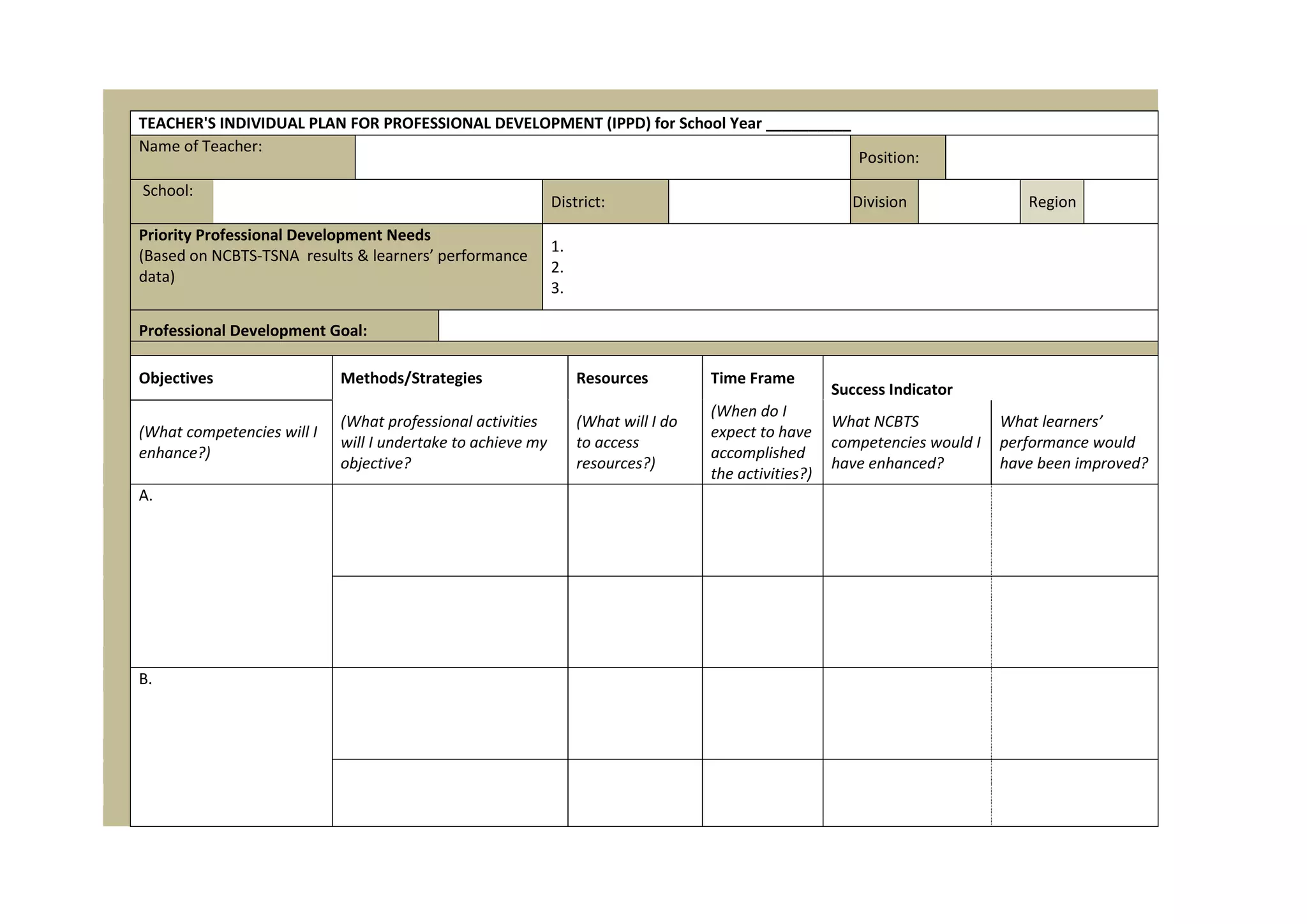 TEACHER'S INDIVIDUAL PLAN FOR PROFESSIONAL DEVELOPMENT (IPPD) for School Year __________
Name of Teacher:
Position:
School:
District: Division Region
Priority Professional Development Needs
(Based on NCBTS-TSNA results & learners’ performance
data)
1.
2.
3.
Professional Development Goal:
Objectives Methods/Strategies Resources Time Frame
Success Indicator
(What competencies will I
enhance?)
(What professional activities
will I undertake to achieve my
objective?
(What will I do
to access
resources?)
(When do I
expect to have
accomplished
the activities?)
What NCBTS
competencies would I
have enhanced?
What learners’
performance would
have been improved?
A.
B.
 