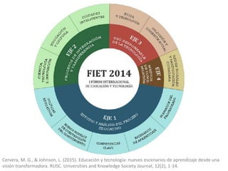 Cervera,	
  M.	
  G.,	
  &	
  Johnson,	
  L.	
  (2015).	
  Educación	
  y	
  tecnología:	
  nuevos	
  escenarios	
  de	
  aprendizaje	
  desde	
  una	
  
visión	
  transformadora.	
  RUSC.	
  UniversiTes	
  and	
  Knowledge	
  Society	
  Journal,	
  12(2),	
  1-­‐14.	
  
 