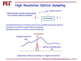 High Resolution Optical Sampling Application: Photonic analog –to- digital conversion Amplitude fluctuations of sampling pulse can be cancelled by balanced detection Resolution and dynamic range limited by timing jitter Modelocked lasers can achieve quantum-limited jitter Optical pulses sample analog signal on an electro-optical modulator voltage waveform MIT Optics and Quantum Electronics optical sampling pulse I(t) voltage waveform V(t) timing jitter V(t) E-O Modulator 