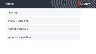 xxxxx Smart mobile acquisition
Heroku
PAAS + Add-ons
Github / Travis CI
git push + pipeline
Startup
 
