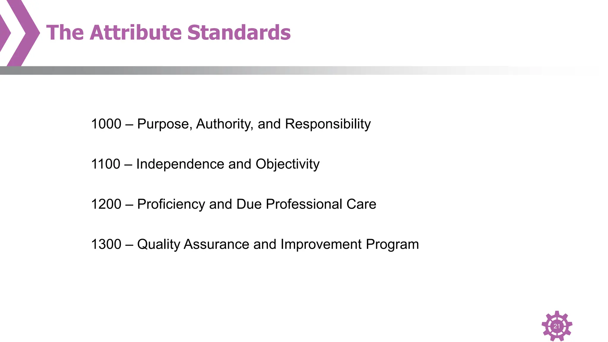 21
The Attribute Standards
1000 – Purpose, Authority, and Responsibility
1100 – Independence and Objectivity
1200 – Proficiency and Due Professional Care
1300 – Quality Assurance and Improvement Program
 