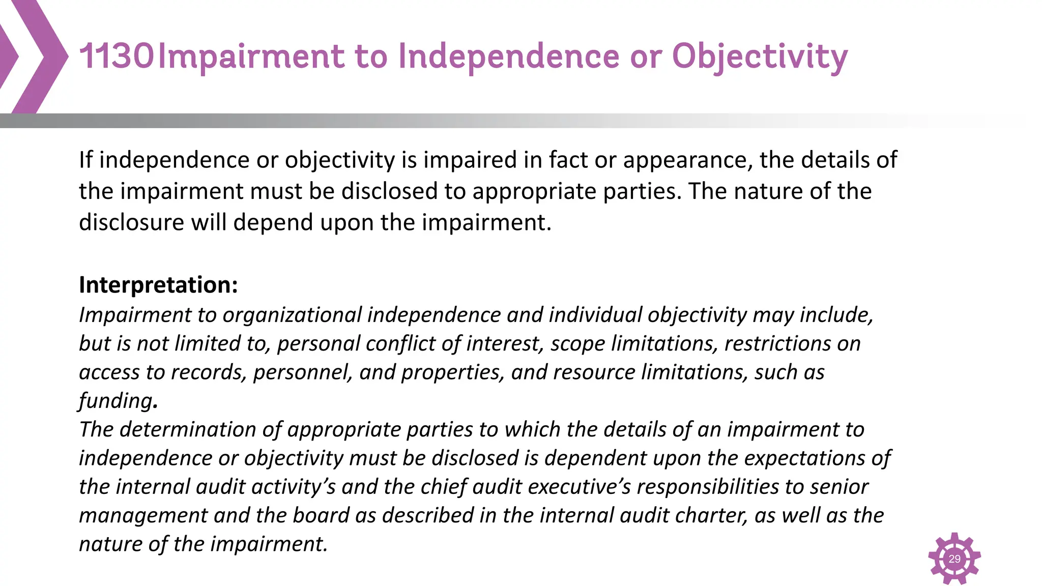 29
1130Impairment to Independence or Objectivity
If independence or objectivity is impaired in fact or appearance, the details of
the impairment must be disclosed to appropriate parties. The nature of the
disclosure will depend upon the impairment.
Interpretation:
Impairment to organizational independence and individual objectivity may include,
but is not limited to, personal conflict of interest, scope limitations, restrictions on
access to records, personnel, and properties, and resource limitations, such as
funding.
The determination of appropriate parties to which the details of an impairment to
independence or objectivity must be disclosed is dependent upon the expectations of
the internal audit activity’s and the chief audit executive’s responsibilities to senior
management and the board as described in the internal audit charter, as well as the
nature of the impairment.
 