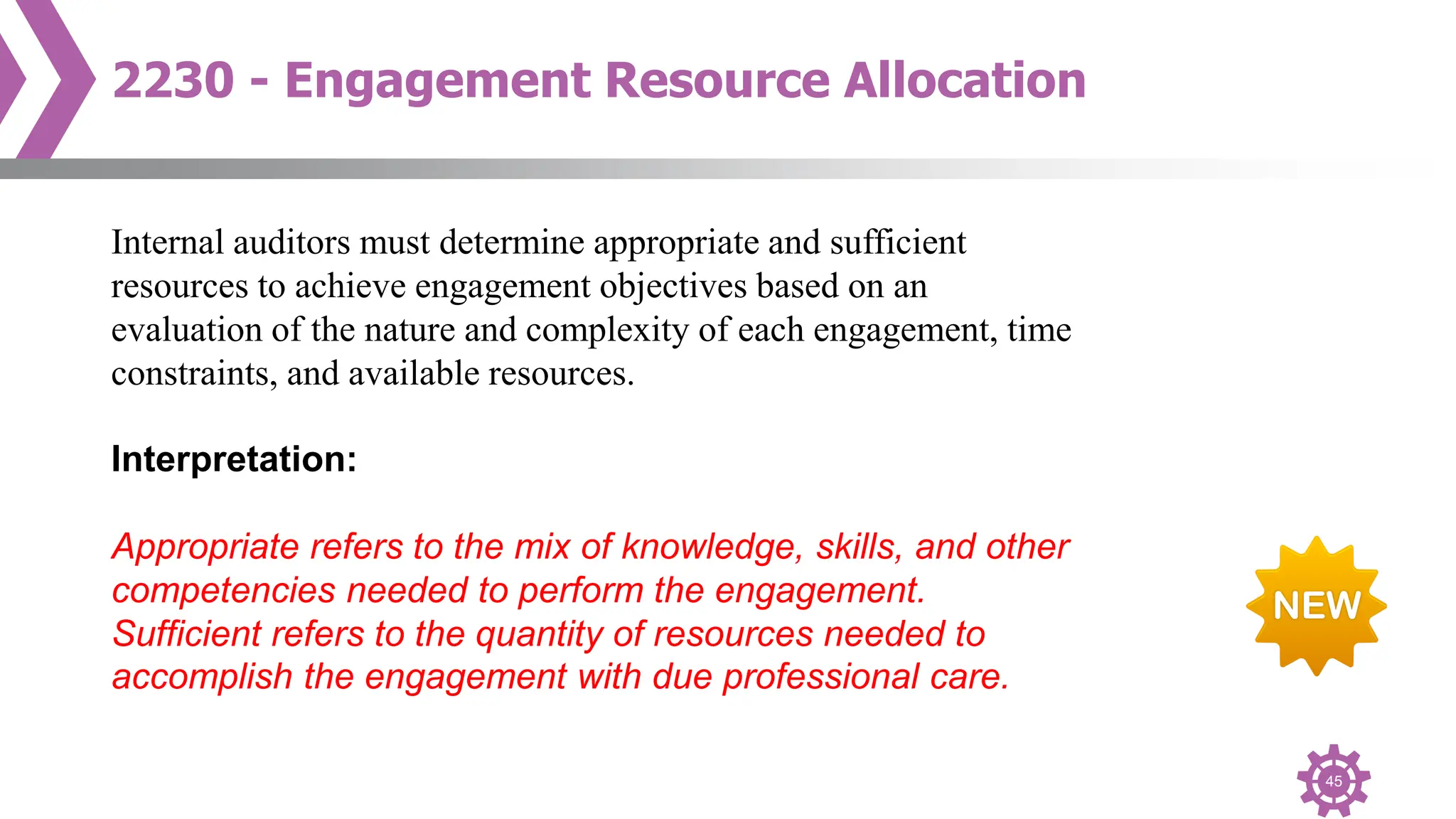 45
2230 - Engagement Resource Allocation
Internal auditors must determine appropriate and sufficient
resources to achieve engagement objectives based on an
evaluation of the nature and complexity of each engagement, time
constraints, and available resources.
Interpretation:
Appropriate refers to the mix of knowledge, skills, and other
competencies needed to perform the engagement.
Sufficient refers to the quantity of resources needed to
accomplish the engagement with due professional care.
 
