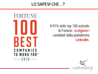LO SAPEVI CHE…?
Il 91% delle top 100 aziende
di Fortune, scelgono i
candidati dalla piattaforma
LinkedIn.
10
 