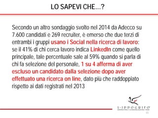 LO SAPEVI CHE…?
Secondo un altro sondaggio svolto nel 2014 da Adecco su
7.600 candidati e 269 recruiter, è emerso che due terzi di
entrambi i gruppi usano i Social nella ricerca di lavoro:
se il 41% di chi cerca lavoro indica LinkedIn come quello
principale, tale percentuale sale al 59% quando si parla di
chi fa selezione del personale, 1 su 4 afferma di aver
escluso un candidato dalla selezione dopo aver
effettuato una ricerca on line, dato più che raddoppiato
rispetto ai dati registrati nel 2013
11
 