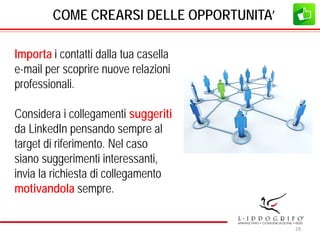 COME CREARSI DELLE OPPORTUNITA’
Importa i contatti dalla tua casella
e-mail per scoprire nuove relazioni
professionali.
Considera i collegamenti suggeriti
da LinkedIn pensando sempre al
target di riferimento. Nel caso
siano suggerimenti interessanti,
invia la richiesta di collegamento
motivandola sempre.
29
 