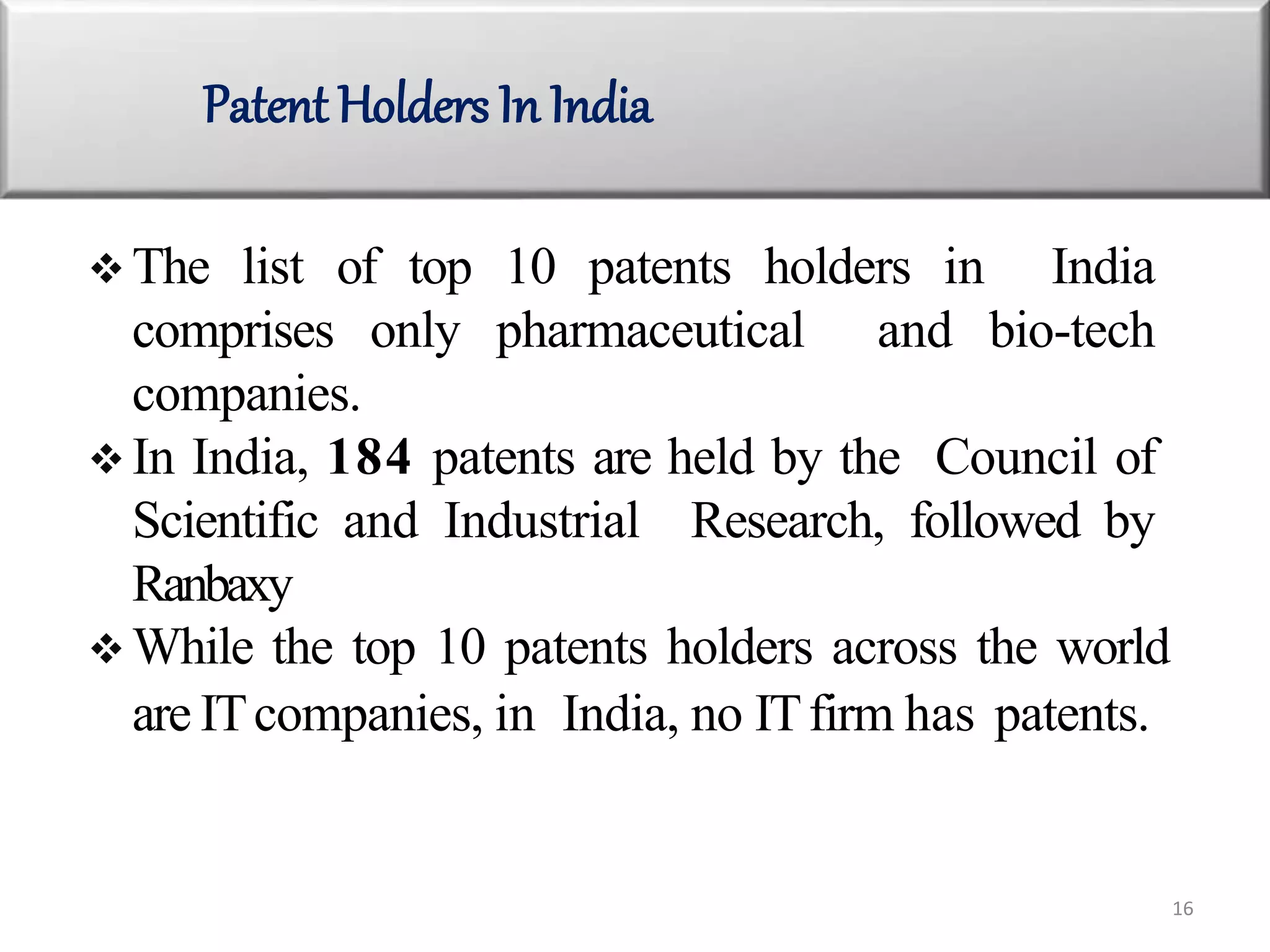 The list of top 10 patents holders in India
comprises only pharmaceutical and bio-tech
companies.
 In India, 184 patents are held by the Council of
Scientific and Industrial Research, followed by
Ranbaxy
 While the top 10 patents holders across the world
are ITcompanies, in India, no ITfirm has patents.
Patent Holders In India
16
 