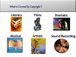 Literary Films Dramatic
Musical Sound RecordingArtistic
What is Covered by Copyright ?
30
 