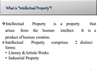 Intellectual Property is a property that
arises from the human intellect. It is a
product of human creation.
Intellectua...