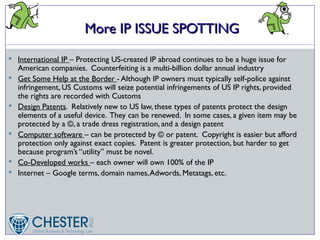 More IP ISSUE SPOTTING
 International IP – Protecting US-created IP abroad continues to be a huge issue for
    American companies. Counterfeiting is a multi-billion dollar annual industry
   Get Some Help at the Border - Although IP owners must typically self-police against
    infringement, US Customs will seize potential infringements of US IP rights, provided
    the rights are recorded with Customs
   Design Patents. Relatively new to US law, these types of patents protect the design
    elements of a useful device. They can be renewed. In some cases, a given item may be
    protected by a ©, a trade dress registration, and a design patent
   Computer software – can be protected by © or patent. Copyright is easier but afford
    protection only against exact copies. Patent is greater protection, but harder to get
    because program’s “utility” must be novel.
   Co-Developed works – each owner will own 100% of the IP
   Internet – Google terms, domain names, Adwords, Metatags, etc.
 