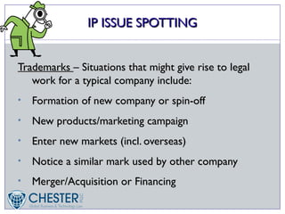 IP ISSUE SPOTTING


Trademarks – Situations that might give rise to legal
   work for a typical company include:
•   Formation of new company or spin-off
•   New products/marketing campaign
•   Enter new markets (incl. overseas)
•   Notice a similar mark used by other company
•   Merger/Acquisition or Financing
 