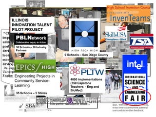 ILLINOIS
INNOVATION TALENT
PILOT PROJECT



 30 Schools – 10 Industry
 Partners
                            9 Schools – San Diego County




 Engineering Projects in
                               4000 implementations
 Community Service-
                               (750 Capstone
 Learning                      Teachers - Eng and
                               BioMed)
 35 Schools – 5 States
 