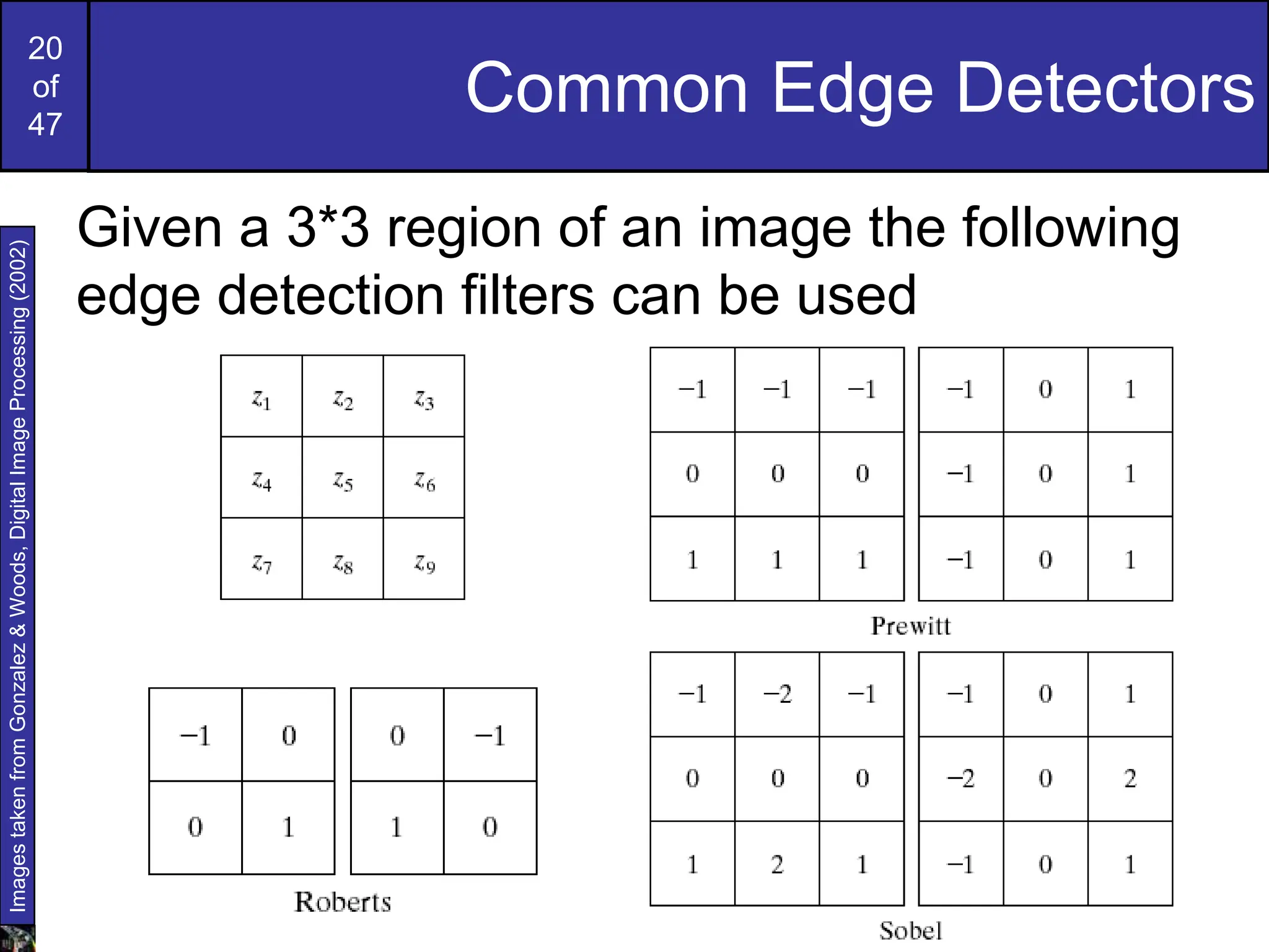 20
of
47
Common Edge Detectors
Given a 3*3 region of an image the following
edge detection filters can be used
Images
taken
from
Gonzalez
&
Woods,
Digital
Image
Processing
(2002)
 