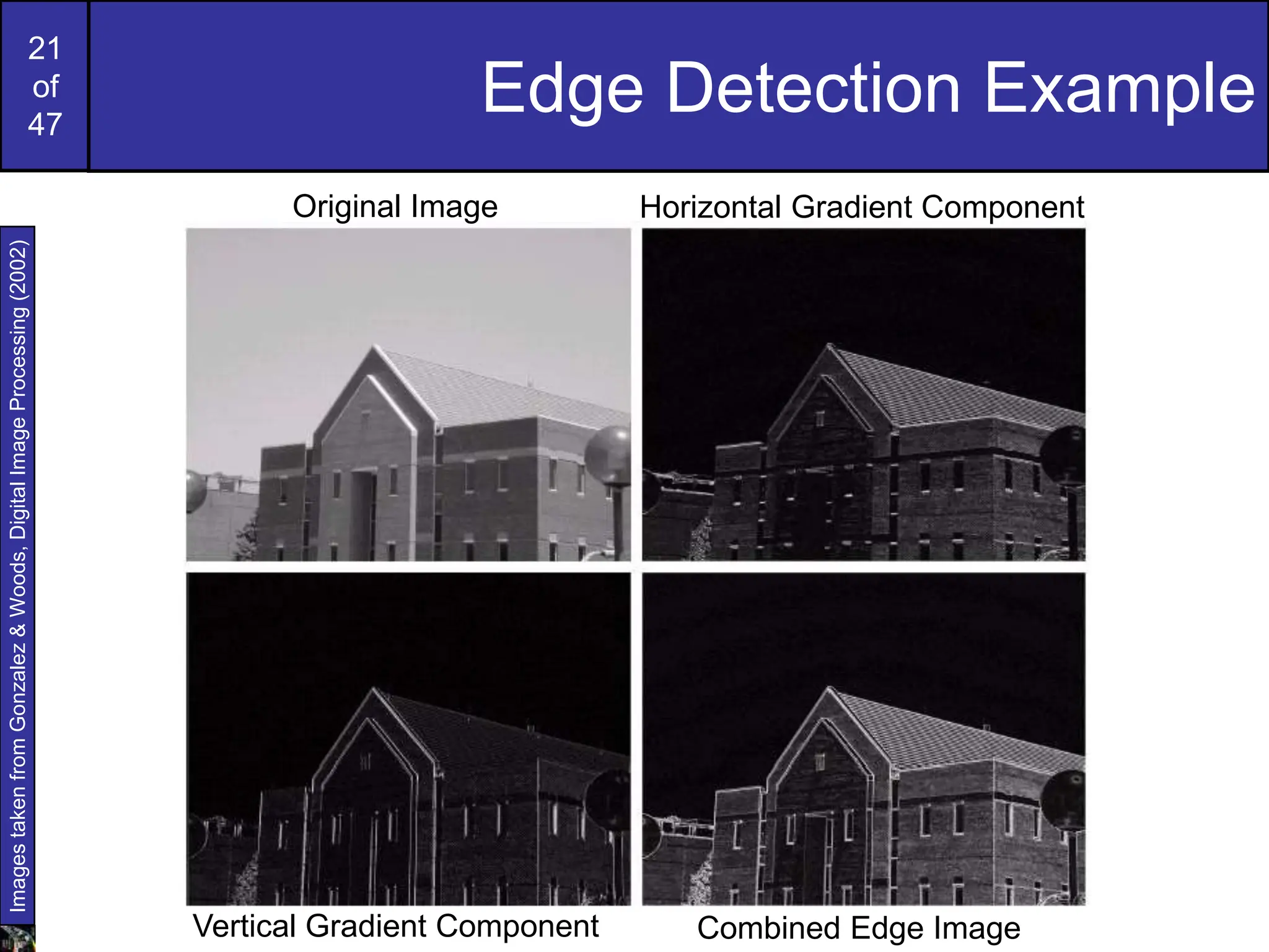 21
of
47
Edge Detection Example
Images
taken
from
Gonzalez
&
Woods,
Digital
Image
Processing
(2002)
Original Image Horizontal Gradient Component
Vertical Gradient Component Combined Edge Image
 