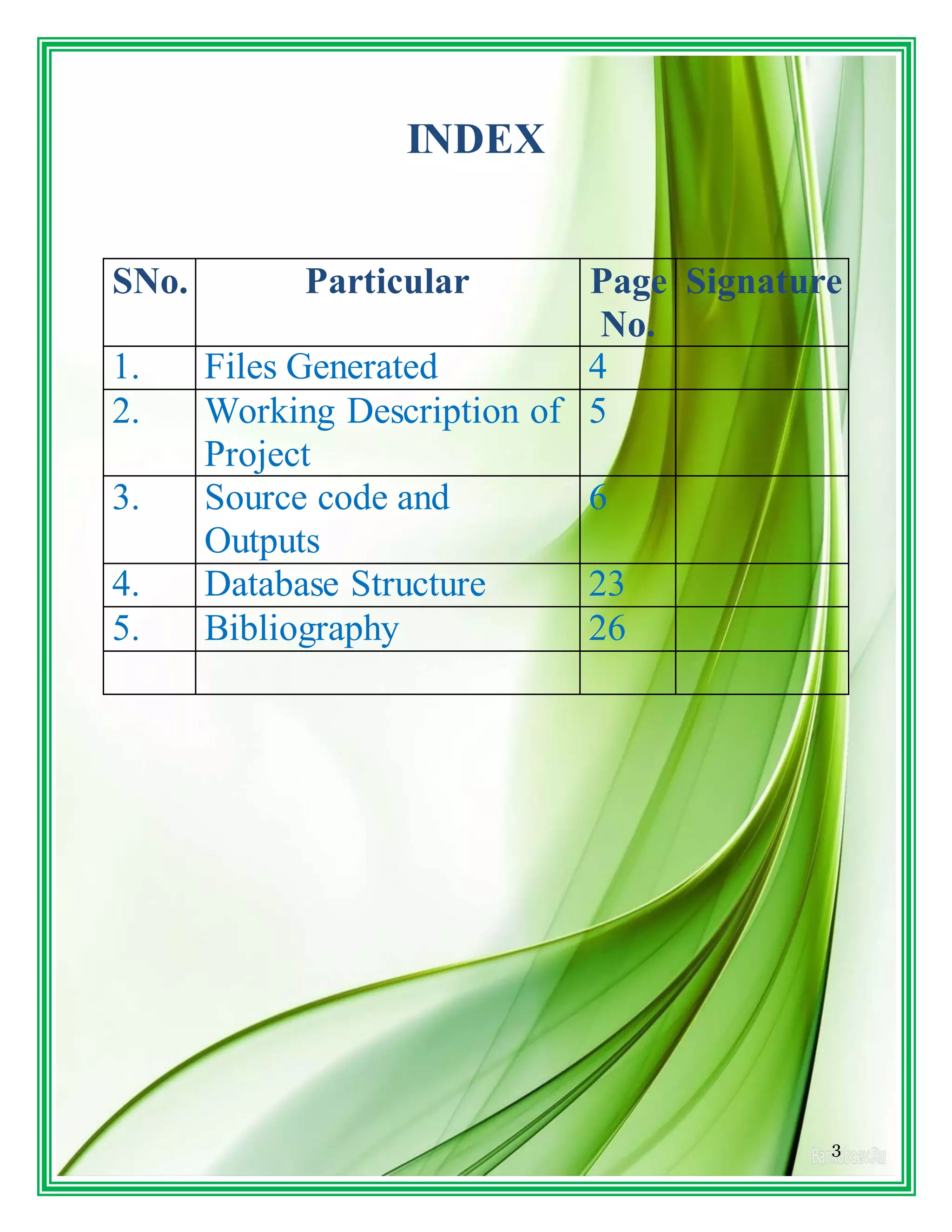 3
INDEX
SNo. Particular Page
No.
Signature
1. Files Generated 4
2. Working Description of
Project
5
3. Source code and
Outputs
6
4. Database Structure 23
5. Bibliography 26
 