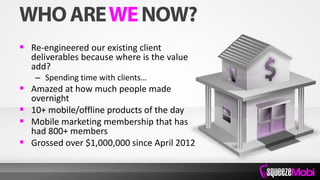  Re-engineered our existing client
deliverables because where is the value
add?
– Spending time with clients…
 Amazed at how much people made
overnight
 10+ mobile/offline products of the day
 Mobile marketing membership that has
had 800+ members
 Grossed over $1,000,000 since April 2012
 