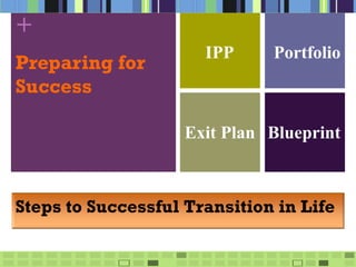 +
                      IPP     Portfolio
Preparing for
Success

                    Exit Plan Blueprint



Steps to Successful Transition in Life
 