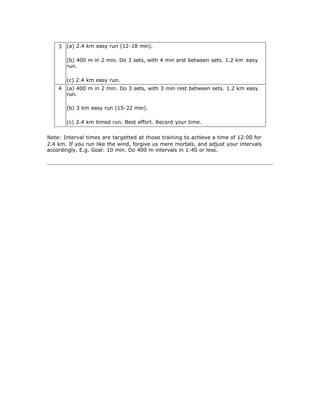 3 (a) 2.4 km easy run (12-18 min).

       (b) 400 m in 2 min. Do 3 sets, with 4 min erst between sets. 1.2 km easy
       run.

       (c) 2.4 km easy run.
    4 (a) 400 m in 2 min. Do 3 sets, with 3 min rest between sets. 1.2 km easy
      run.

       (b) 3 km easy run (15-22 min).

       (c) 2.4 km timed run. Best effort. Record your time.


Note: Interval times are targetted at those training to achieve a time of 12:00 for
2.4 km. If you run like the wind, forgive us mere mortals, and adjust your intervals
accordingly. E.g. Goal: 10 min. Do 400 m intervals in 1:40 or less.
 