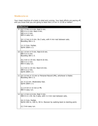 Weeks 9 to 12

Your mean machine of a body is oiled and running. Your best efforts are paying off,
and you know that you are going to beat that 2.4 km in 12:00 or better!


   Wk Workout
    9 (a) 1.2 km in 6 min. Rest 6 min.
      800 m in 4 min. Rest 4 min.
      400 m in 2 min.
      800 m easy run.

       (b) 1.2 km in 6 min. Do 2 sets, with 4 min rest between sets.
       Bounding 30m x 3.

       (c) 2-3 km. Fartlek.
       Sprint 200m x 3.

    10 (a) 1.6 km in 9 min. Rest 6-8 min.
       800 m in 4 min.
       Bounding 30m x 3.

       (b) 2 km in 10 min. Rest 8-10 min.
       400 m in 2 min.
       800 m easy run.

       (c) 2 km in 10 min. Rest 6-8 min.
       400 m in 2 min.
       Sprint 200m x 2.

    11 (a) 2.4 km in 12 min or Personal Record (PR), whichever is faster.
       Bounding 30m x 3.

       (b) 3-3.5 km. Moderately fast.
       Sprint 200m x 3.

       (c) 2.4 km in 12 min or PR.
       800 m easy run.

    12 (a) 1.2 km in 6 min. Rest 3 min.
       400 m in 1:55. Do 3 sets, with 1-2 min rest between sets.

       (b) 2-3 km. Fartlek.
       Sprint 200 m, 100 m, 50 m. Recover by walking back to starting point.

       (c) 3 km easy run.
 