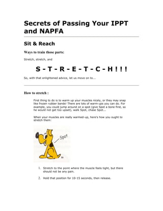 Secrets of Passing Your IPPT
and NAPFA
Sit & Reach
Ways to train those parts:
Stretch, stretch, and



        S-T-R-E-T-C-H!!!
So, with that enlightened advice, let us move on to...




How to stretch :

       First thing to do is to warm up your muscles nicely, or they may snap
       like frozen rubber bands! There are lots of warm-ups you can do. For
       example, you could jump around on a spot (give Spot a bone first, so
       he would not get too upset), walk Spot, chase Spot...

       When your muscles are really warmed-up, here's how you ought to
       stretch them:




          1. Stretch to the point where the muscle feels tight, but there
              should not be any pain.

          2. Hold that position for 10-15 seconds, then release.
 