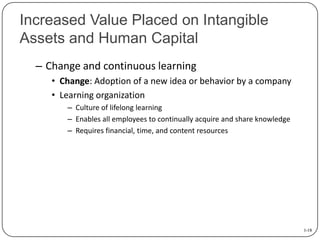 Increased Value Placed on Intangible
Assets and Human Capital
– Change and continuous learning
• Change: Adoption of a new...
