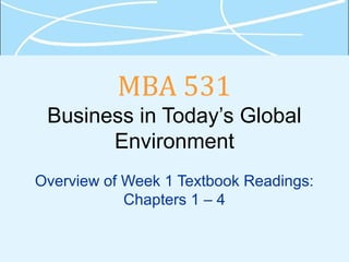 MBA 531
Business in Today’s Global
Environment
Overview of Week 1 Textbook Readings:
Chapters 1 – 4
 
