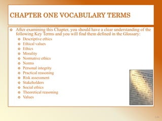 1-36
CHAPTER ONE VOCABULARY TERMS
 After examining this Chapter, you should have a clear understanding of the
following Key Terms and you will find them defined in the Glossary:
 Descriptive ethics
 Ethical values
 Ethics
 Morality
 Normative ethics
 Norms
 Personal integrity
 Practical reasoning
 Risk assessment
 Stakeholders
 Social ethics
 Theoretical reasoning
 Values
 