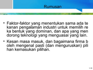 1-19
Rumusan
• Faktor-faktor yang menentukan sama ada te
kanan pengalaman industri untuk memilih re
ka bentuk yang dominan, dan apa yang men
dorong teknologi yang menguasai yang lain.
• Kesan masa masuk, dan bagaimana firma b
oleh mengenal pasti (dan menguruskan) pili
han kemasukan pilihan.
 