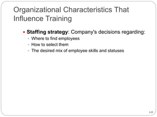 2-25
Organizational Characteristics That
Influence Training
 Staffing strategy: Company's decisions regarding:
 Where to find employees
 How to select them
 The desired mix of employee skills and statuses
 