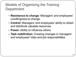 Models of Organizing the Training
Department
 Resistance to change: Managers’ and employees’

unwillingness to change
 C...