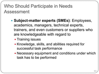 Who Should Participate in Needs
Assessment
 Subject-matter experts (SMEs): Employees,

academics, managers, technical experts,
trainers, and even customers or suppliers who
are knowledgeable with regard to
 Training issues
 Knowledge, skills, and abilities required for

successful task performance
 Necessary equipment and conditions under which
task has to be performed

3-11

 