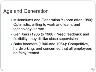 Age and Generation
 Millenniums and Generation Y (born after 1980):

Optimistic, willing to work and learn, and
technology-literate
 Gen Xers (1965 to 1980): Need feedback and
flexibility; they dislike close supervision
 Baby boomers (1946 and 1964): Competitive,
hardworking, and concerned that all employees
be fairly treated

3-31

 