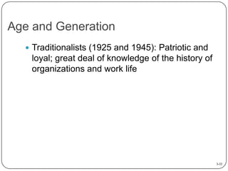 Age and Generation
 Traditionalists (1925 and 1945): Patriotic and

loyal; great deal of knowledge of the history of
organizations and work life

3-32

 
