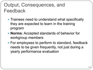 Output, Consequences, and
Feedback
 Trainees need to understand what specifically

they are expected to learn in the training
program
 Norms: Accepted standards of behavior for
workgroup members
 For employees to perform to standard, feedback
needs to be given frequently, not just during a
yearly performance evaluation

3-34

 