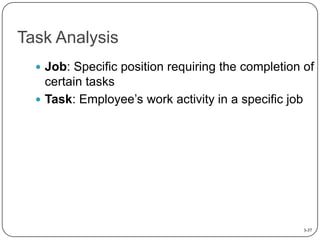 Task Analysis
 Job: Specific position requiring the completion of

certain tasks
 Task: Employee’s work activity in a specific job

3-37

 