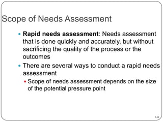 Scope of Needs Assessment
 Rapid needs assessment: Needs assessment

that is done quickly and accurately, but without
sacrificing the quality of the process or the
outcomes
 There are several ways to conduct a rapid needs
assessment
 Scope of needs assessment depends on the size

of the potential pressure point

3-44

 