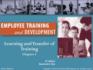 Learning and Transfer of
Training
Chapter 4
6th Edition
Raymond A. Noe
McGraw-Hill/Irwin

Copyright © 2013 by The McGraw-Hill Companies, Inc. All rights reserved.

 
