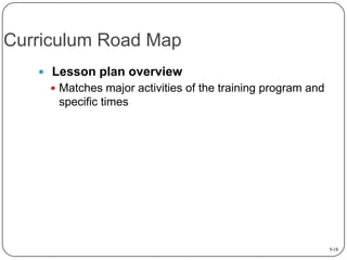 Curriculum Road Map
 Lesson plan overview
 Matches major activities of the training program and

specific times

5-18

 